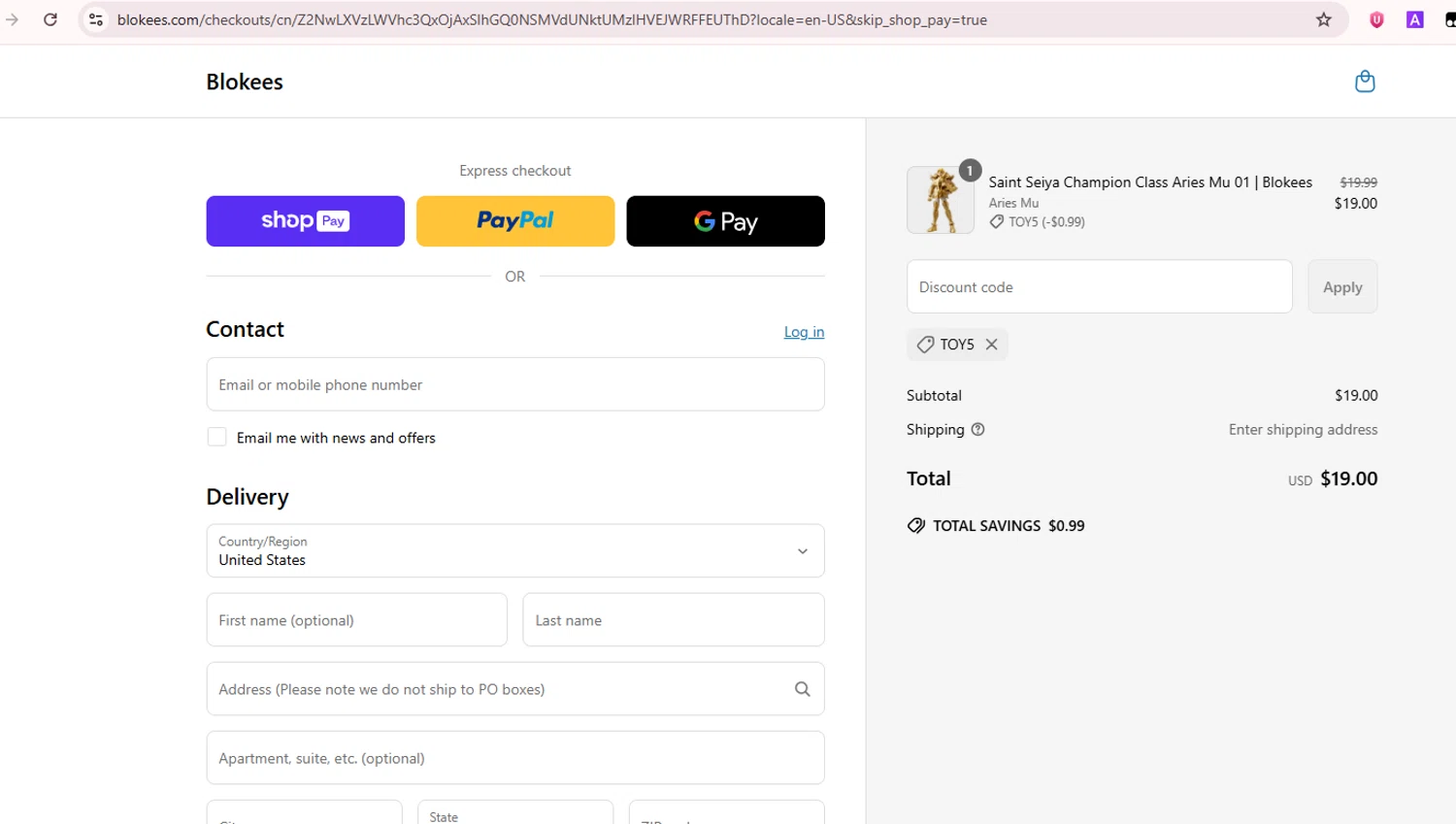 Blokees discount code screenshot showing code TOY5 applied at Blokees checkout page. Uploaded by SimplyCodes community member Teamgorila on Jun 11, 2025