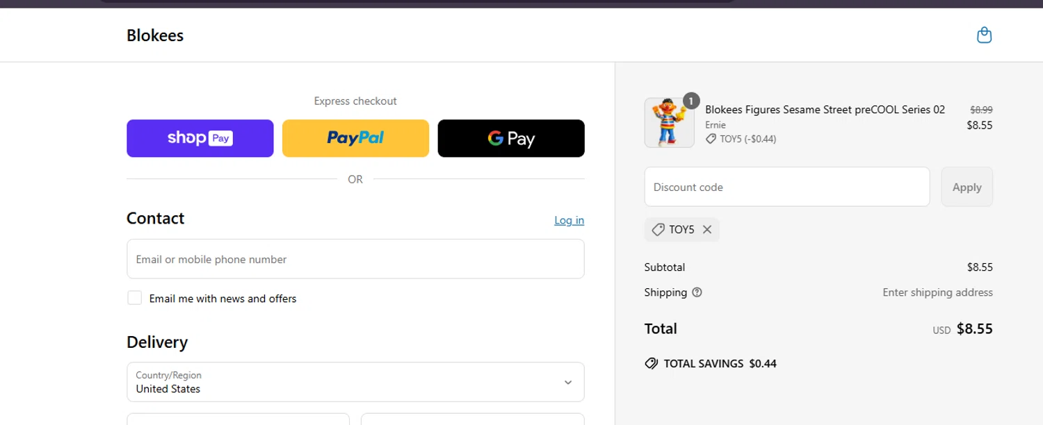 Blokees discount code screenshot showing code TOY5 applied at Blokees checkout page. Uploaded by SimplyCodes community member ashe1986 on May 20, 2025