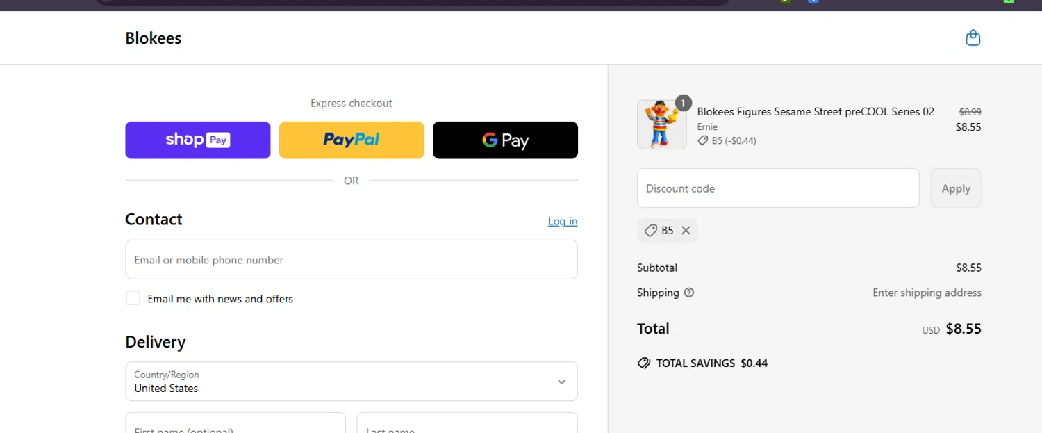 Blokees discount code screenshot showing code B5 applied at Blokees checkout page. Uploaded by SimplyCodes community member ashe1986 on May 20, 2025