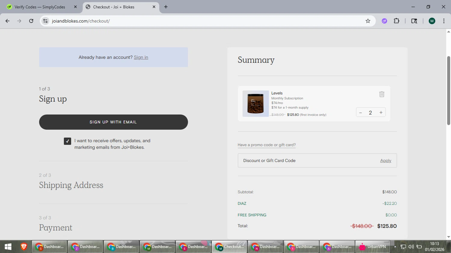 Blokes Health checkout page showing Blokes Health promo code box | Screenshot taken by SimplyCodes community member on Feb 1, 2026