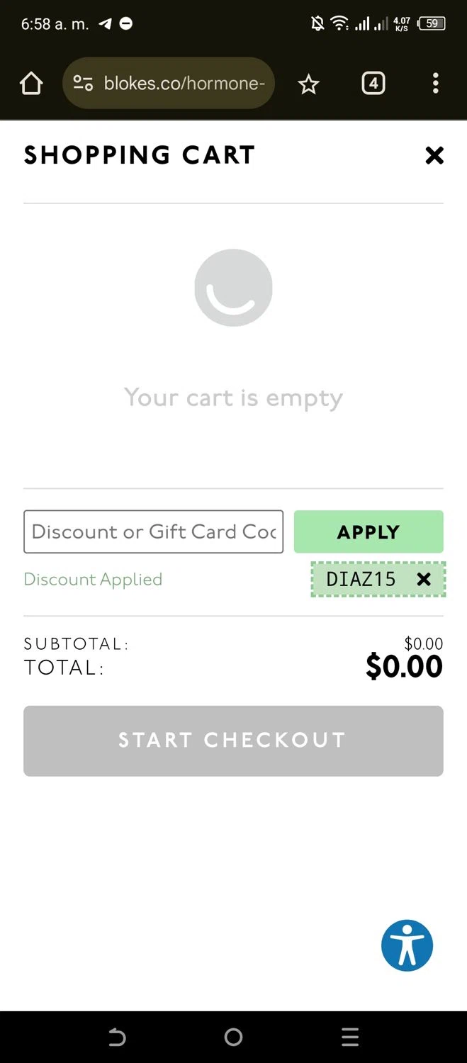Blokes Health promo code screenshot showing code DIAZ15 applied at Blokes Health checkout page. Uploaded by SimplyCodes community member Beaaalmera on Dec 28, 2024