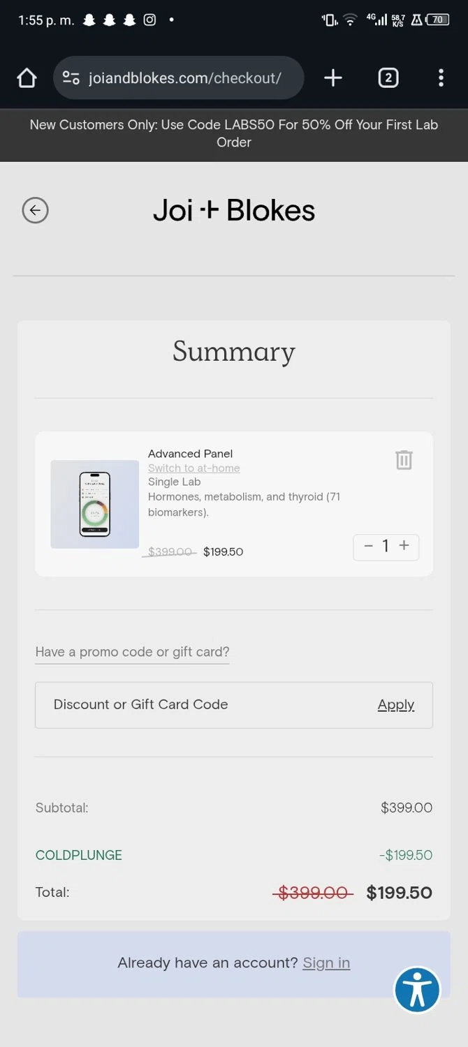 Blokes Health promo code screenshot showing code COLDPLUNGE applied at Blokes Health checkout page. Uploaded by SimplyCodes community member Sasuk3 on Sep 27, 2025