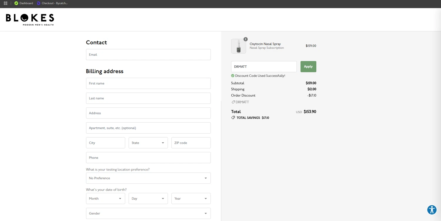 Blokes Health promo code screenshot showing code DRMATT applied at Blokes Health checkout page. Uploaded by SimplyCodes community member ishidashoya on Apr 9, 2025