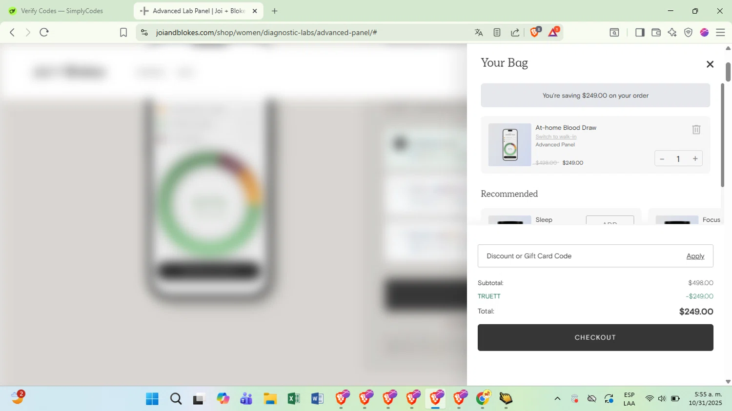 Blokes Health promo code screenshot showing code TRUETT applied at Blokes Health checkout page. Uploaded by SimplyCodes community member Covid19 on Oct 31, 2025