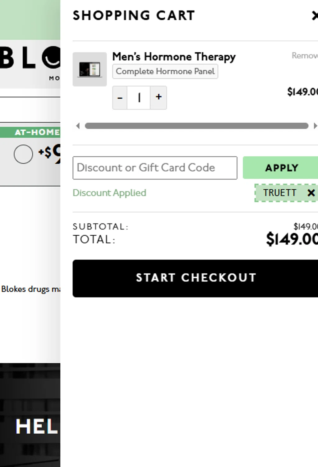 Blokes Health promo code screenshot showing code TRUETT applied at Blokes Health checkout page. Uploaded by SimplyCodes community member ITSO1676764508225 on Apr 14, 2025