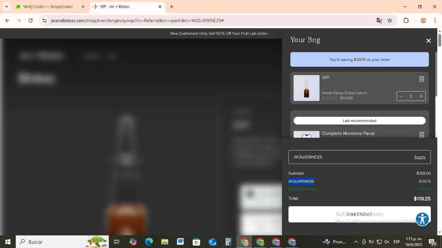 Blokes Health promo code screenshot showing code WOLVERINE25 applied at Blokes Health checkout page. Uploaded by SimplyCodes community member RebateCollector5909 on Jun 16, 2025