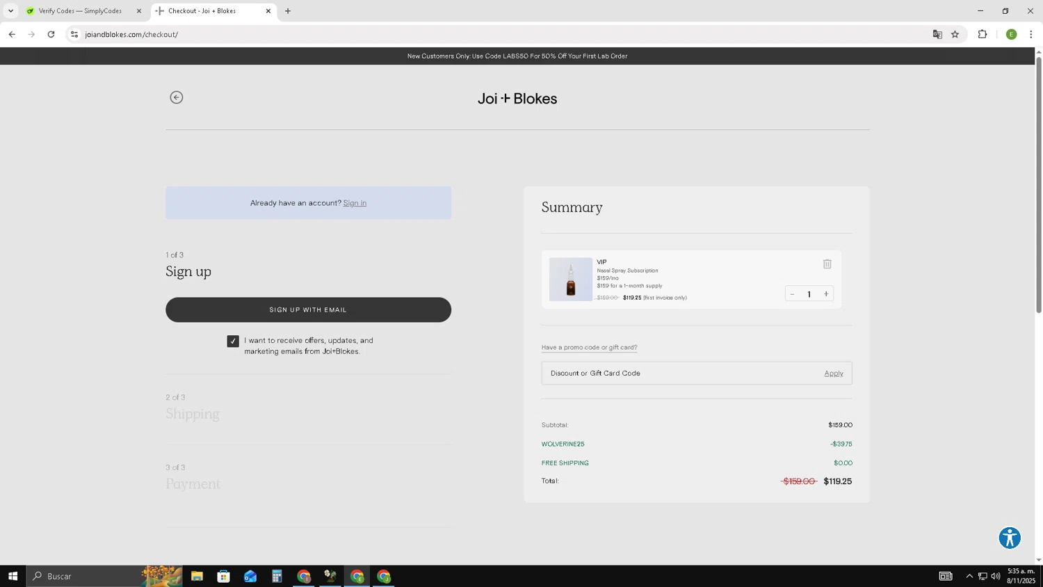 Blokes Health promo code screenshot showing code WOLVERINE25 applied at Blokes Health checkout page. Uploaded by SimplyCodes community member SUZUKIV on Nov 8, 2025