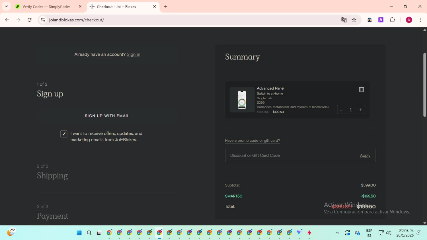 Blokes Health checkout page showing Blokes Health promo code box | Screenshot taken by SimplyCodes community member on Jan 20, 2026