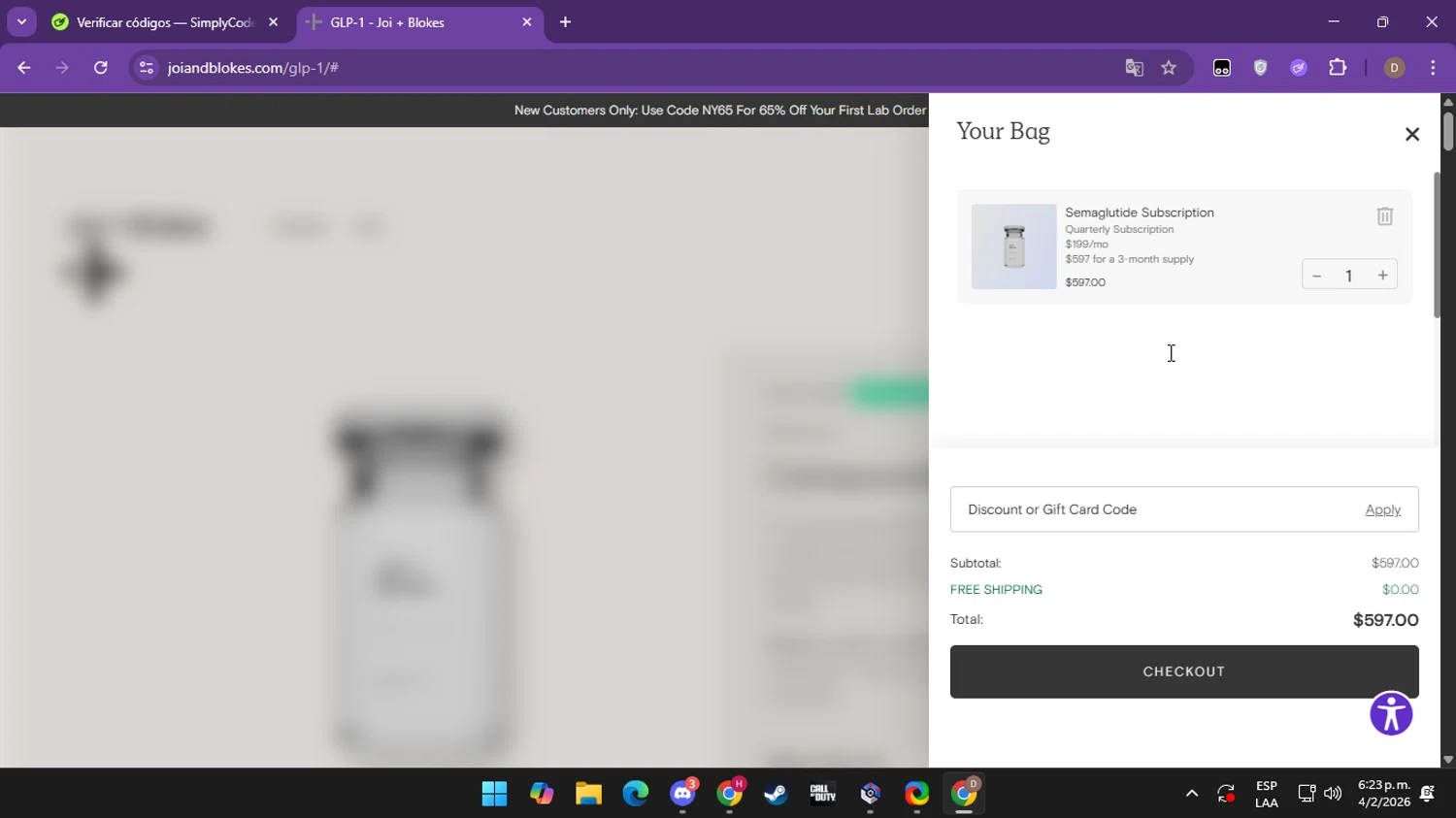 Blokes Health checkout page showing Blokes Health promo code box | Screenshot taken by SimplyCodes community member on Feb 4, 2026