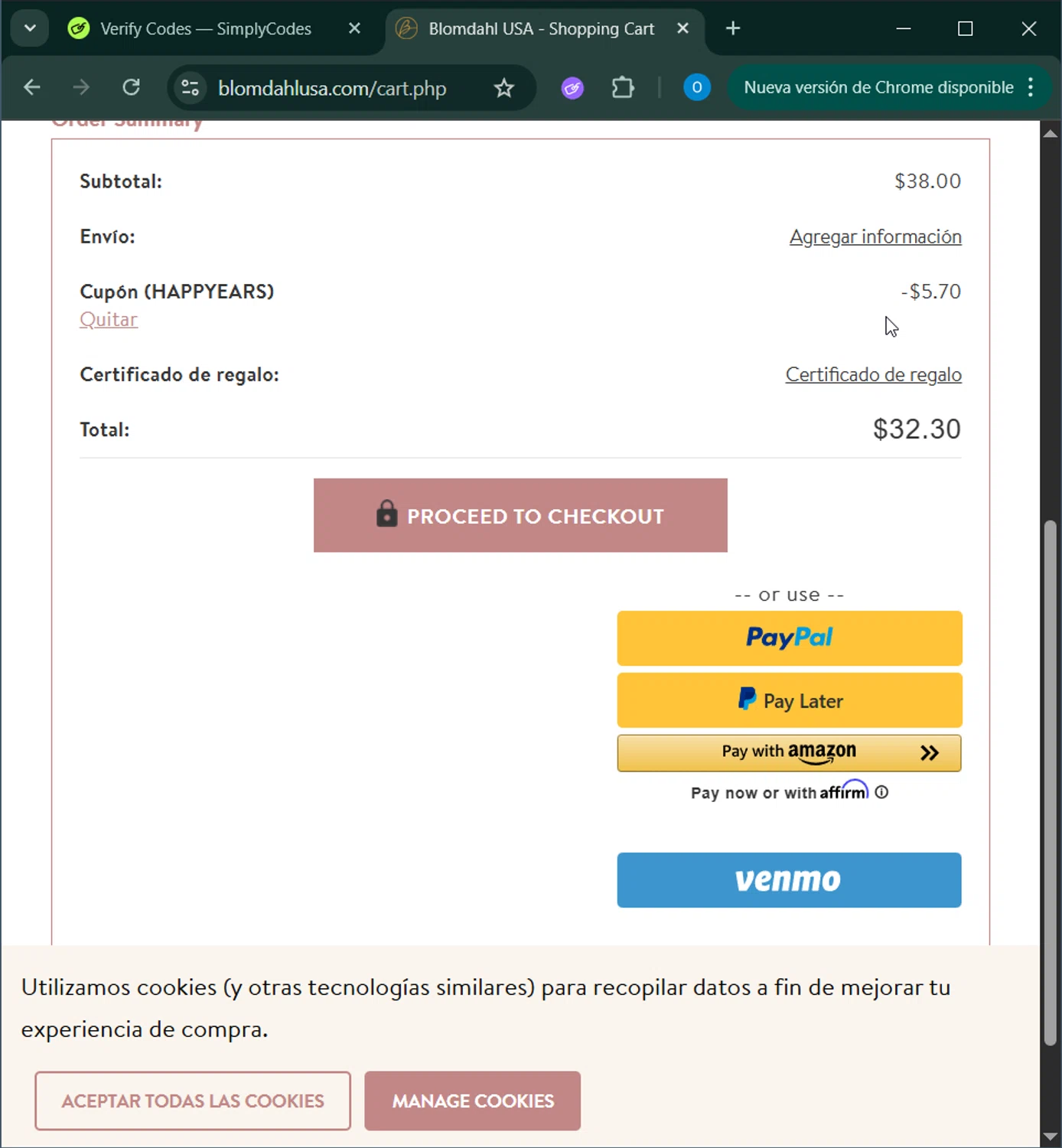 Blomdahl USA promo code screenshot showing code HAPPYEARS applied at Blomdahl USA checkout page. Uploaded by SimplyCodes community member _____________ on Oct 25, 2025
