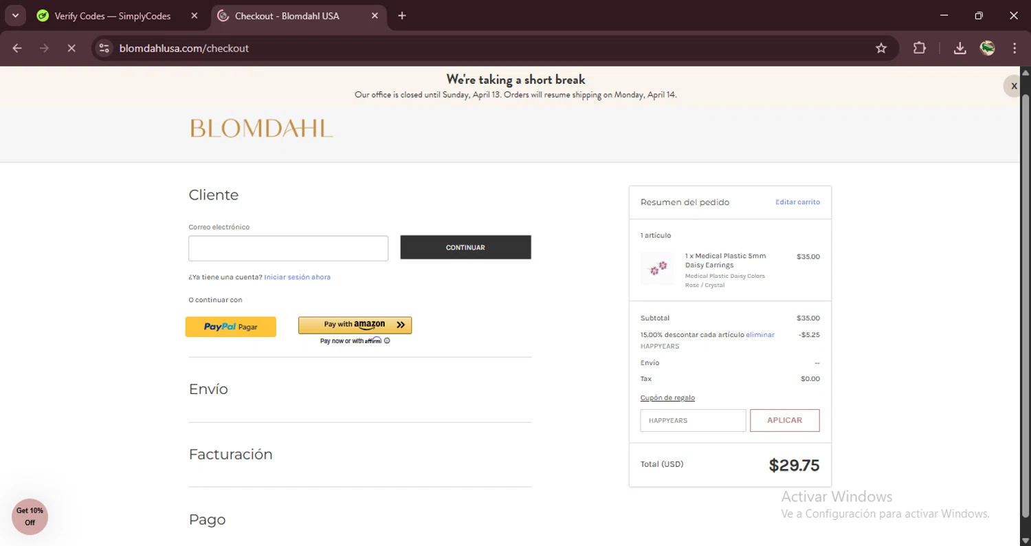Blomdahl USA promo code screenshot showing code HAPPYEARS applied at Blomdahl USA checkout page. Uploaded by SimplyCodes community member RewardDefender7173 on Apr 8, 2025