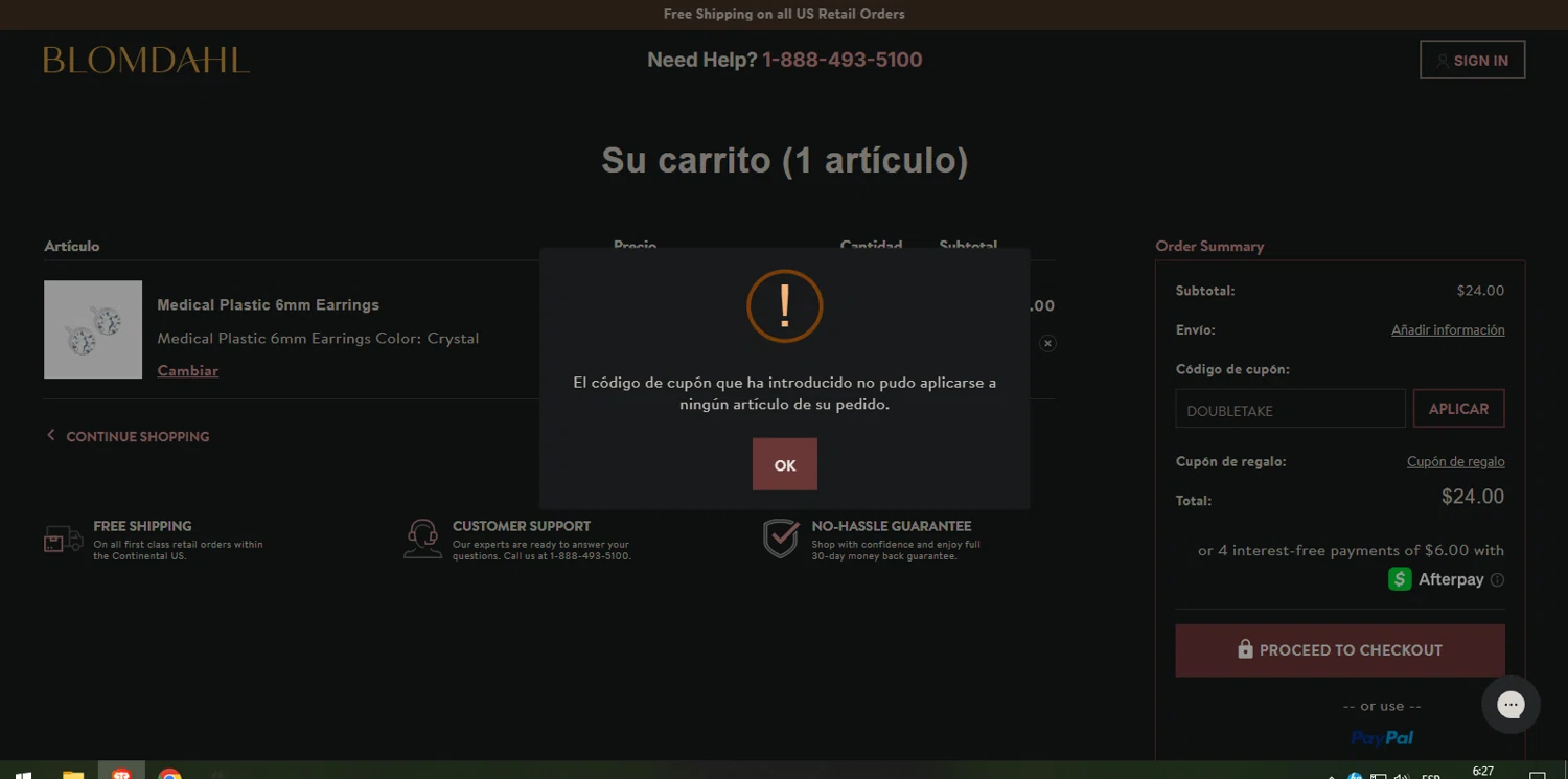 Blomdahl USA promo code screenshot showing code DOUBLETAKE applied at Blomdahl USA checkout page. Uploaded by SimplyCodes community member Nor_man on Jun 19, 2025
