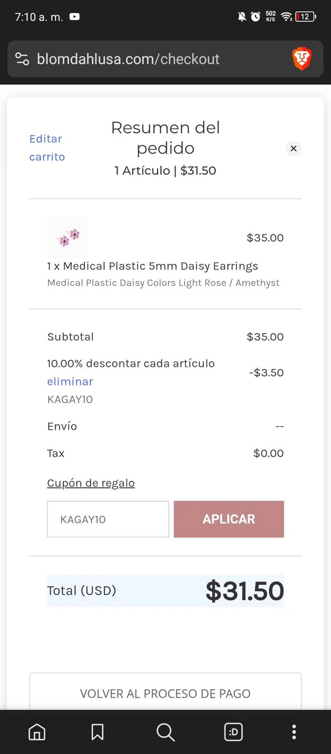 Blomdahl USA promo code screenshot showing code KAGAY10 applied at Blomdahl USA checkout page. Uploaded by SimplyCodes community member QuestSentinel5438 on Jan 21, 2025