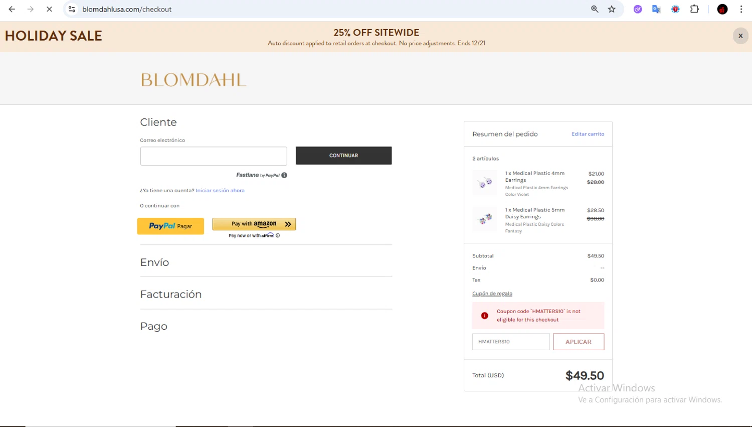 Blomdahl USA promo code screenshot showing code HMATTERS10 applied at Blomdahl USA checkout page. Uploaded by SimplyCodes community member Francisco01 on Dec 10, 2025