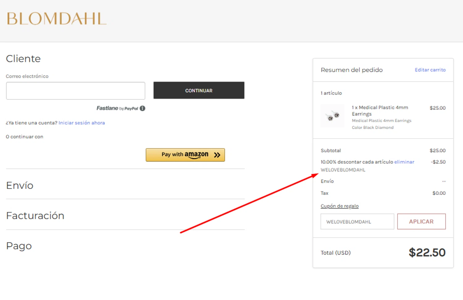 Blomdahl USA promo code screenshot showing code WELOVEBLOMDAHL applied at Blomdahl USA checkout page. Uploaded by SimplyCodes community member peachee on Jun 16, 2025