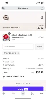 SAVENOW10 coupon verification screenshot