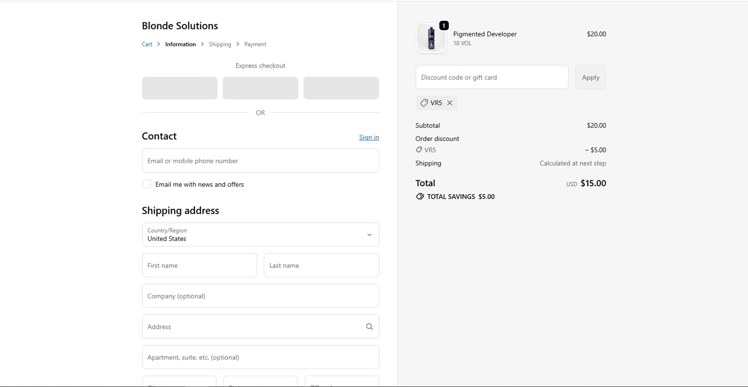 Blonde Solutions discount code screenshot showing code VR5 applied at Blonde Solutions checkout page. Uploaded by SimplyCodes community member Marboroooooooooooo on Nov 8, 2025