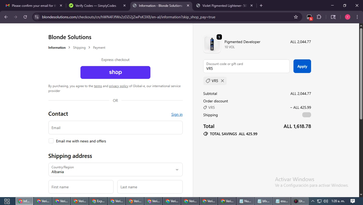 Blonde Solutions discount code screenshot showing code VR5 applied at Blonde Solutions checkout page. Uploaded by SimplyCodes community member WisePro3739 on Oct 18, 2025
