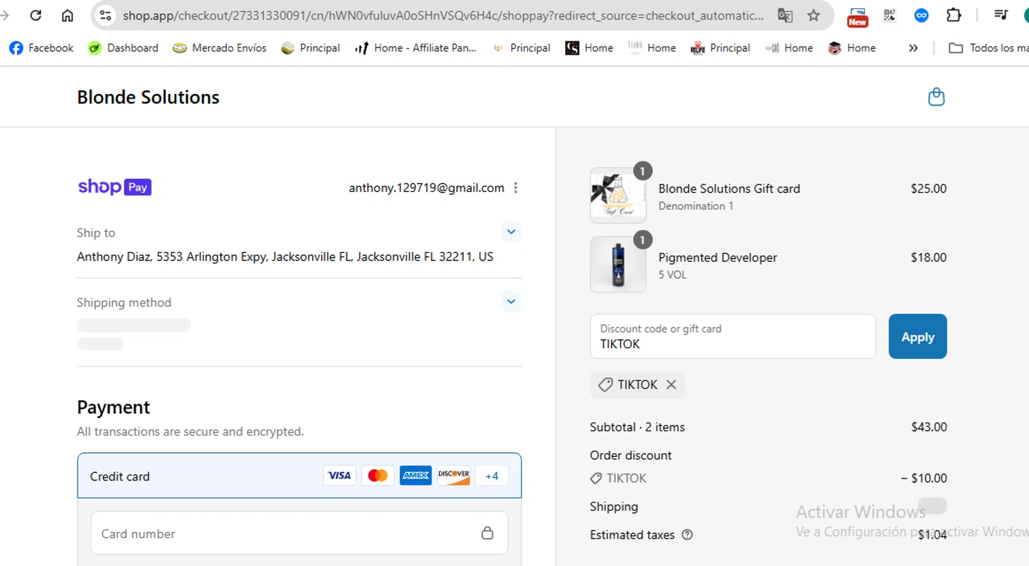 Blonde Solutions discount code screenshot showing code TIKTOK applied at Blonde Solutions checkout page. Uploaded by SimplyCodes community member anthonydiaz1 on Jul 22, 2025