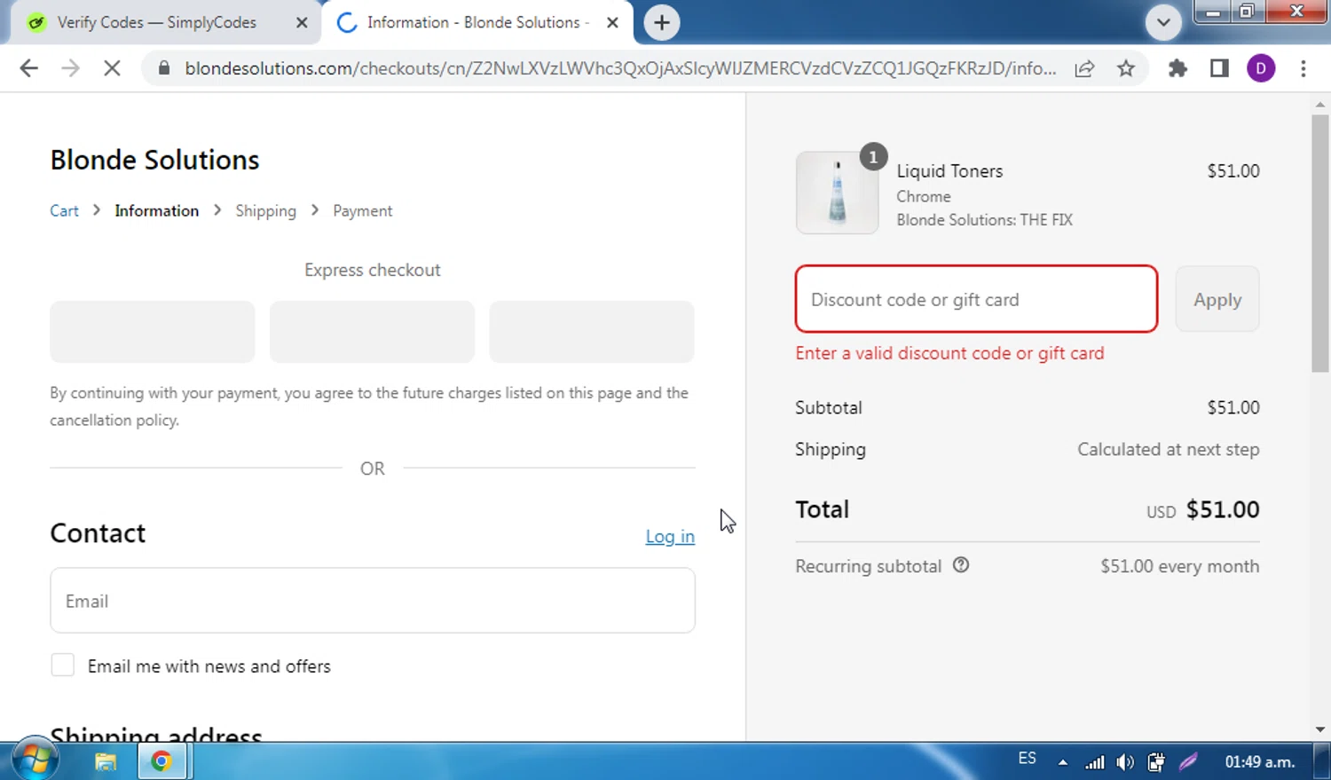 Blonde Solutions discount code screenshot showing code MOM10 applied at Blonde Solutions checkout page. Uploaded by SimplyCodes community member CleverPro5319 on May 25, 2025