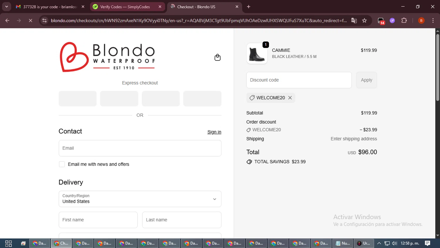 Blondo promo code screenshot showing code WELCOME20 applied at Blondo checkout page. Uploaded by SimplyCodes community member DiscountExpert6435 on Feb 21, 2026