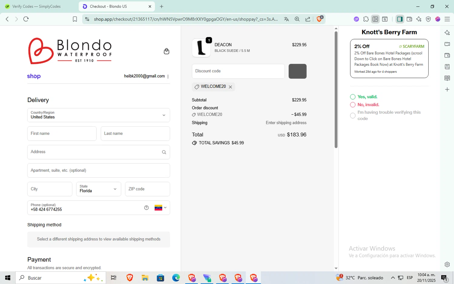Blondo promo code screenshot showing code WELCOME20 applied at Blondo checkout page. Uploaded by SimplyCodes community member aaaaaaaaaaaaaaa on Nov 20, 2025