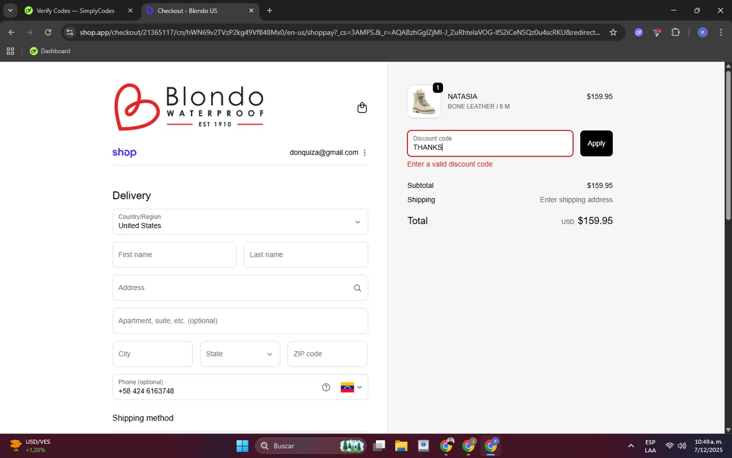 Blondo promo code screenshot showing code THANKS applied at Blondo checkout page. Uploaded by SimplyCodes community member Eliot_force on Dec 7, 2025