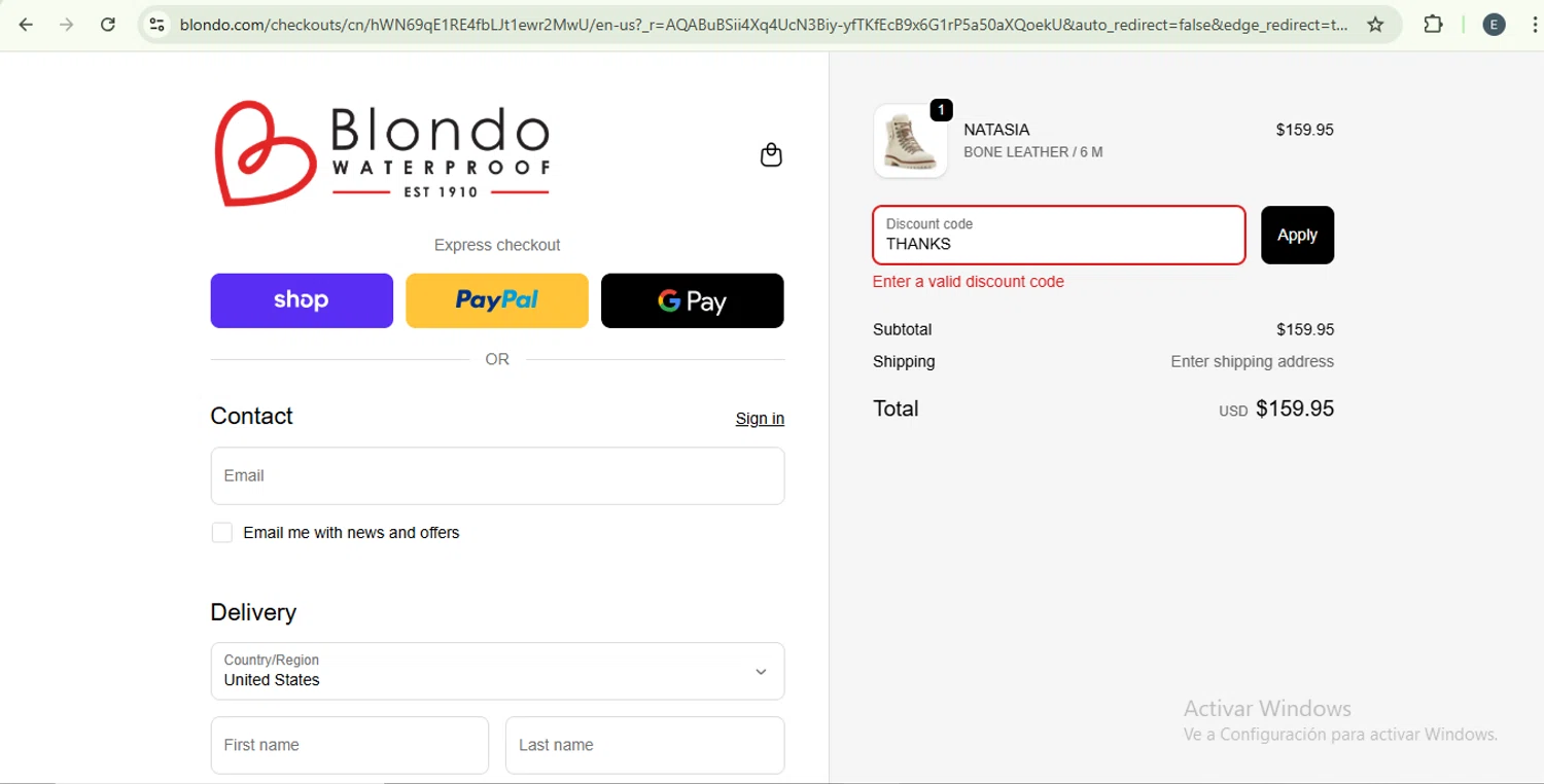 Blondo promo code screenshot showing code THANKS applied at Blondo checkout page. Uploaded by SimplyCodes community member SilverKnight4465 on Dec 7, 2025