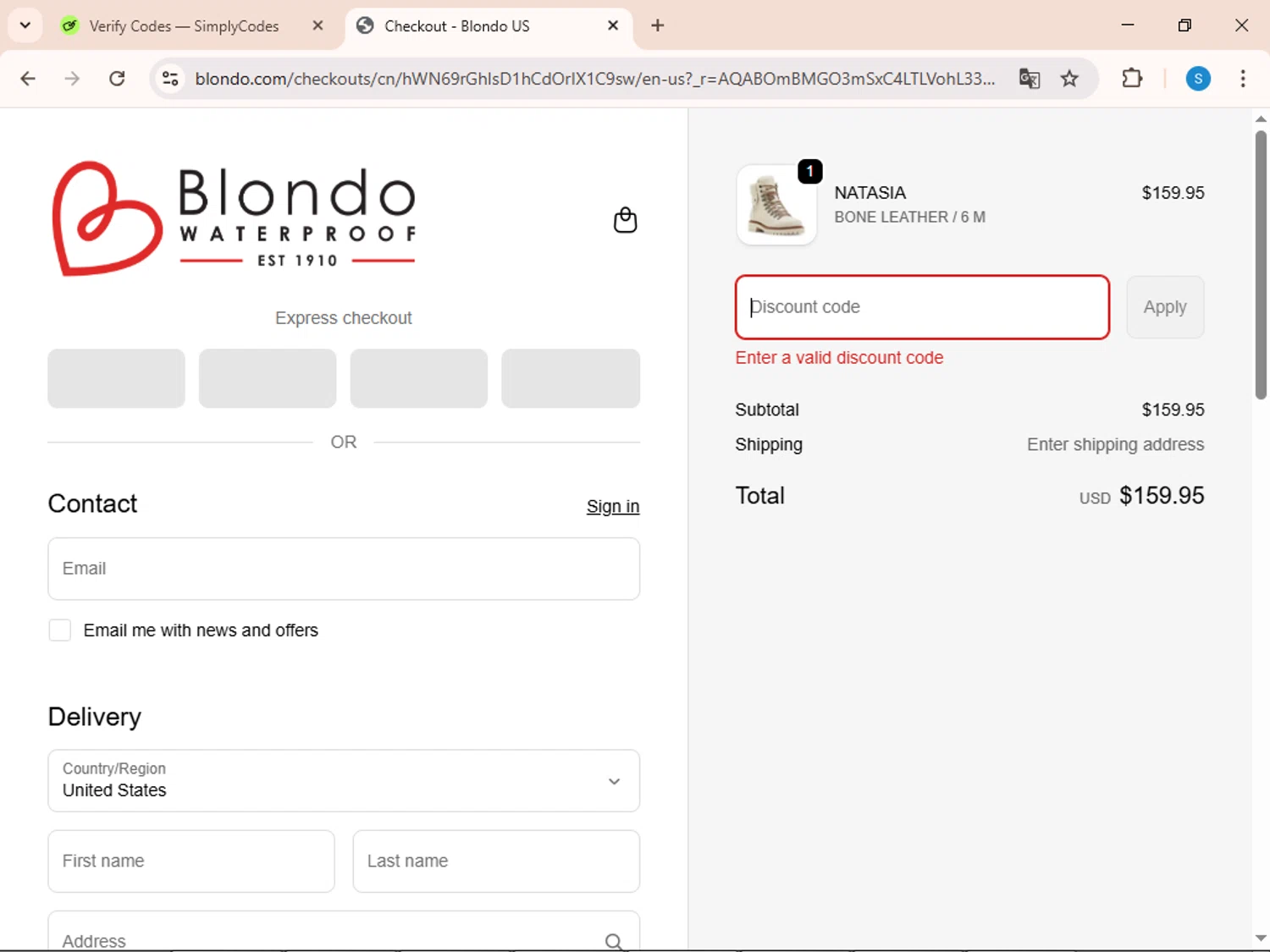 Blondo promo code screenshot showing code THANKS applied at Blondo checkout page. Uploaded by SimplyCodes community member uleesesv on Dec 7, 2025