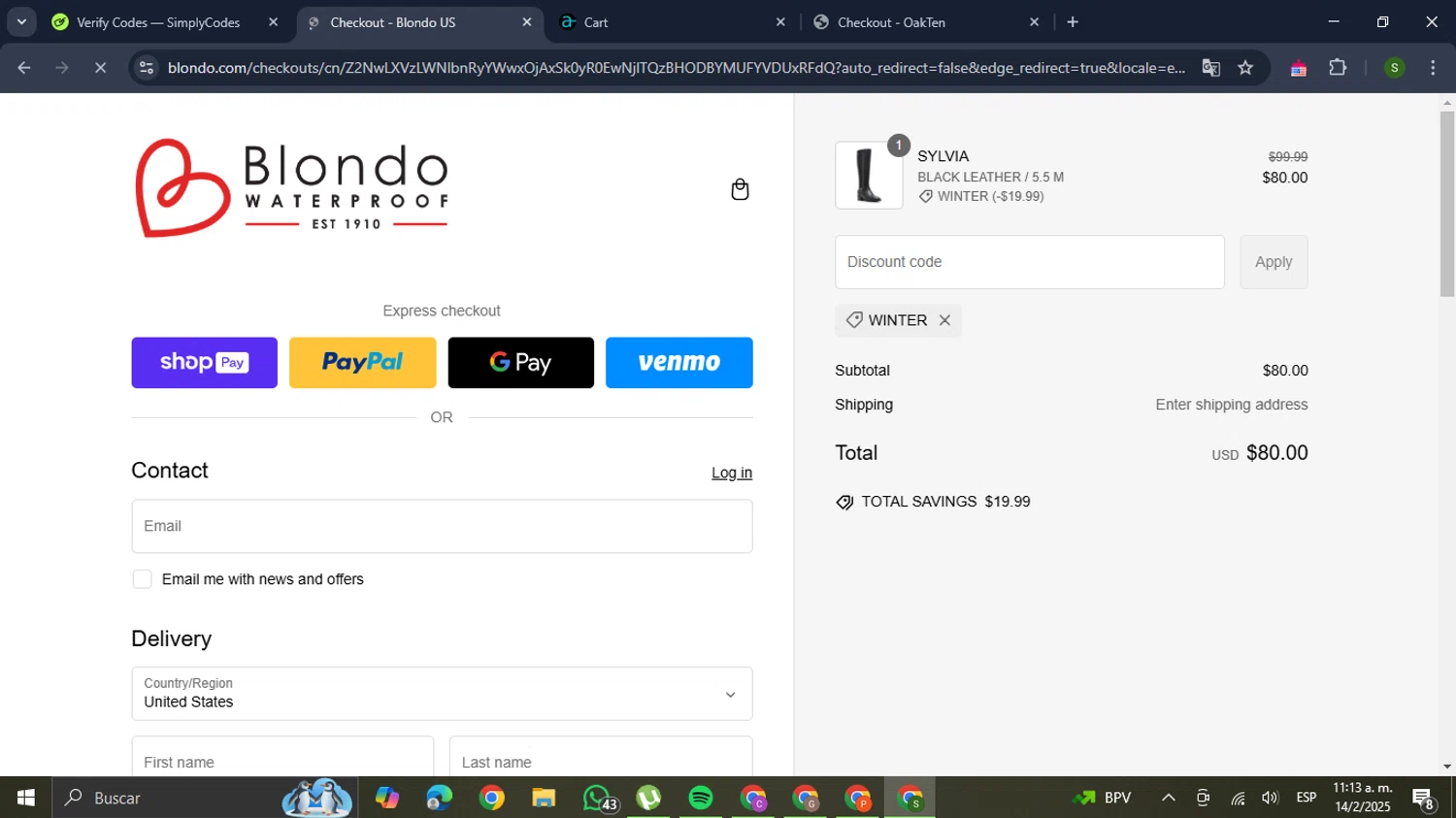 Blondo promo code screenshot showing code WINTER applied at Blondo checkout page. Uploaded by SimplyCodes community member RewardMaverick445 on Feb 14, 2025