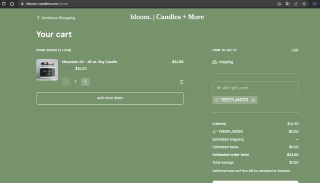 bloom. checkout page showing bloom. discount code box | Screenshot taken by SimplyCodes community member on Apr 13, 2023