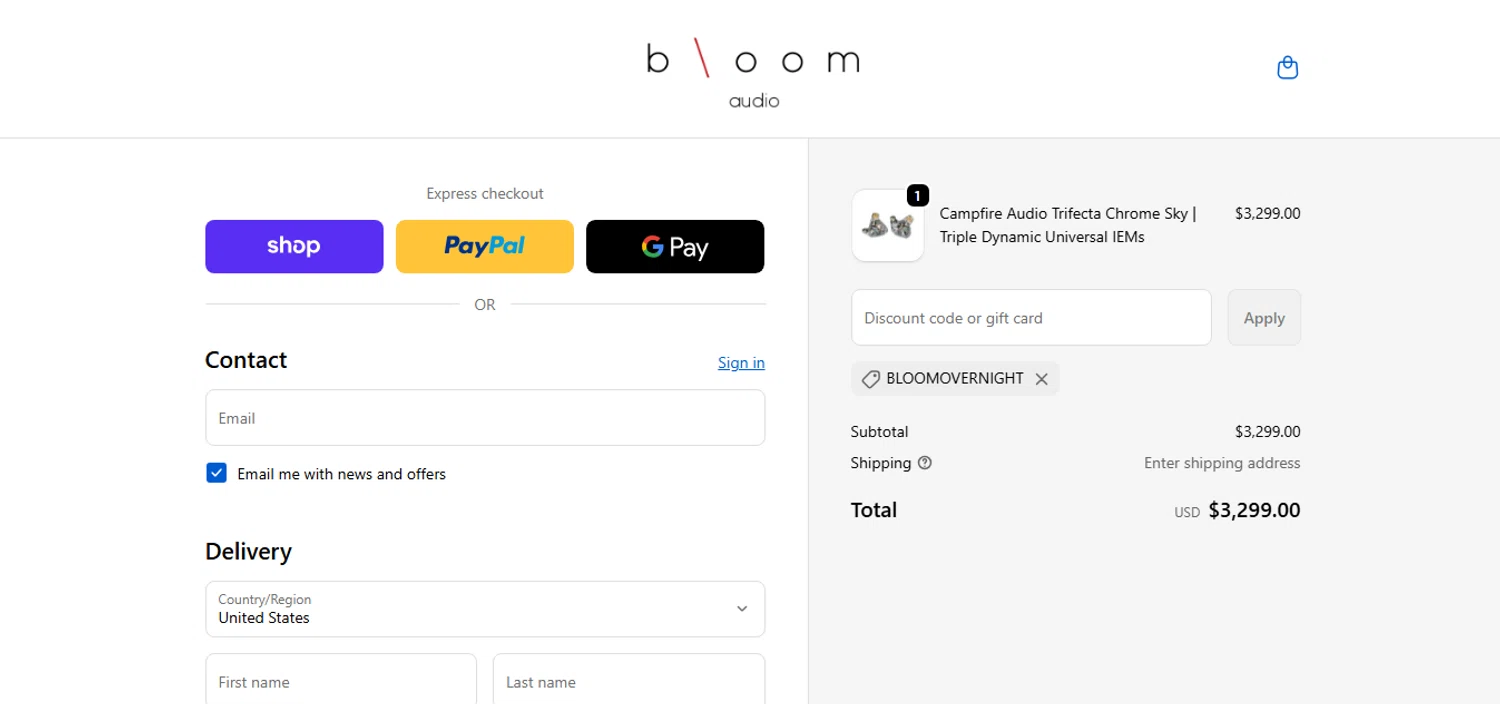 Bloom Audio discount code screenshot showing code BLOOMOVERNIGHT applied at Bloom Audio checkout page. Uploaded by SimplyCodes community member MoneyHunter5624 on Nov 22, 2025