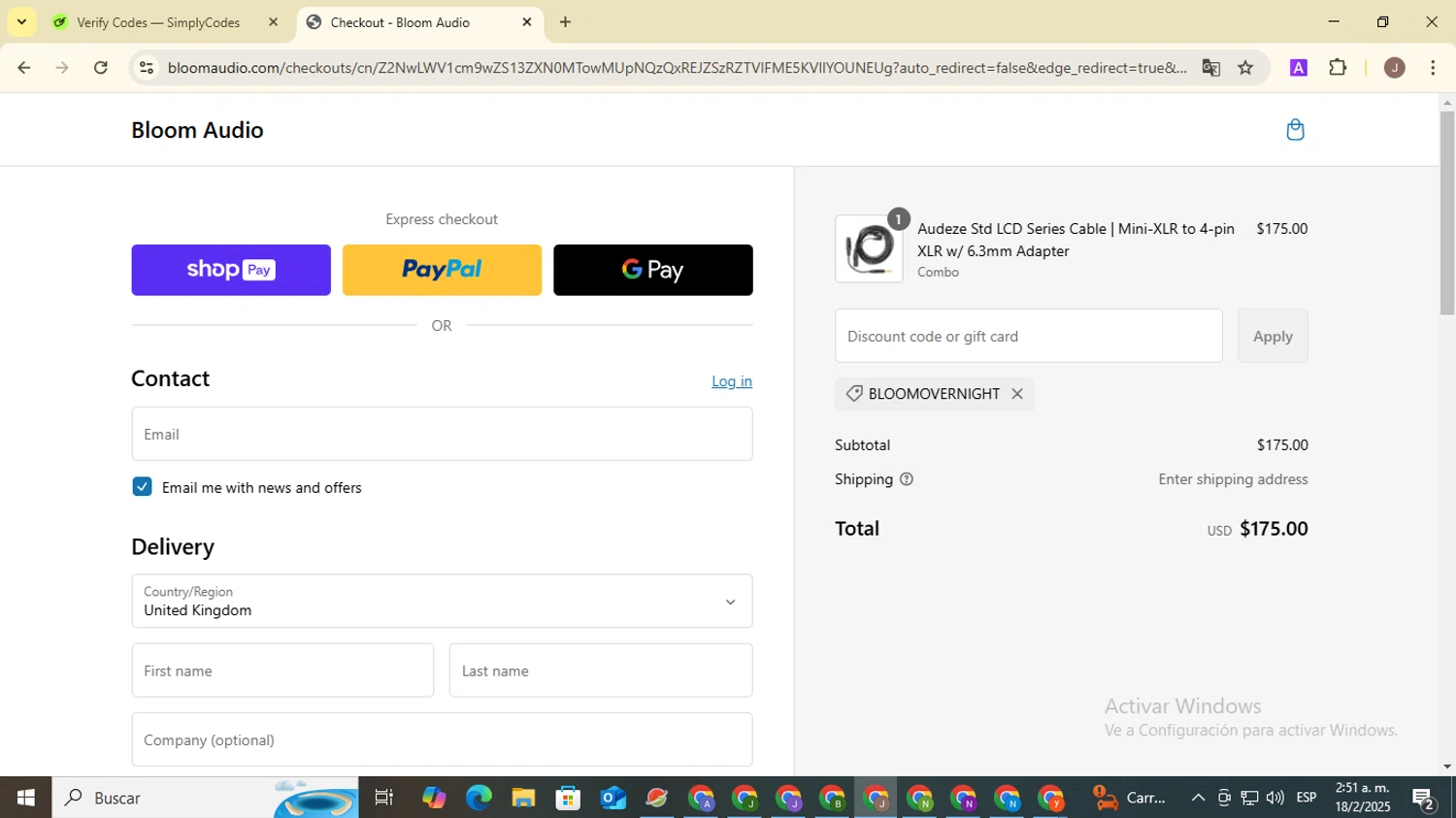 Bloom Audio discount code screenshot showing code BLOOMOVERNIGHT applied at Bloom Audio checkout page. Uploaded by SimplyCodes community member ValiantHero2365 on Feb 18, 2025