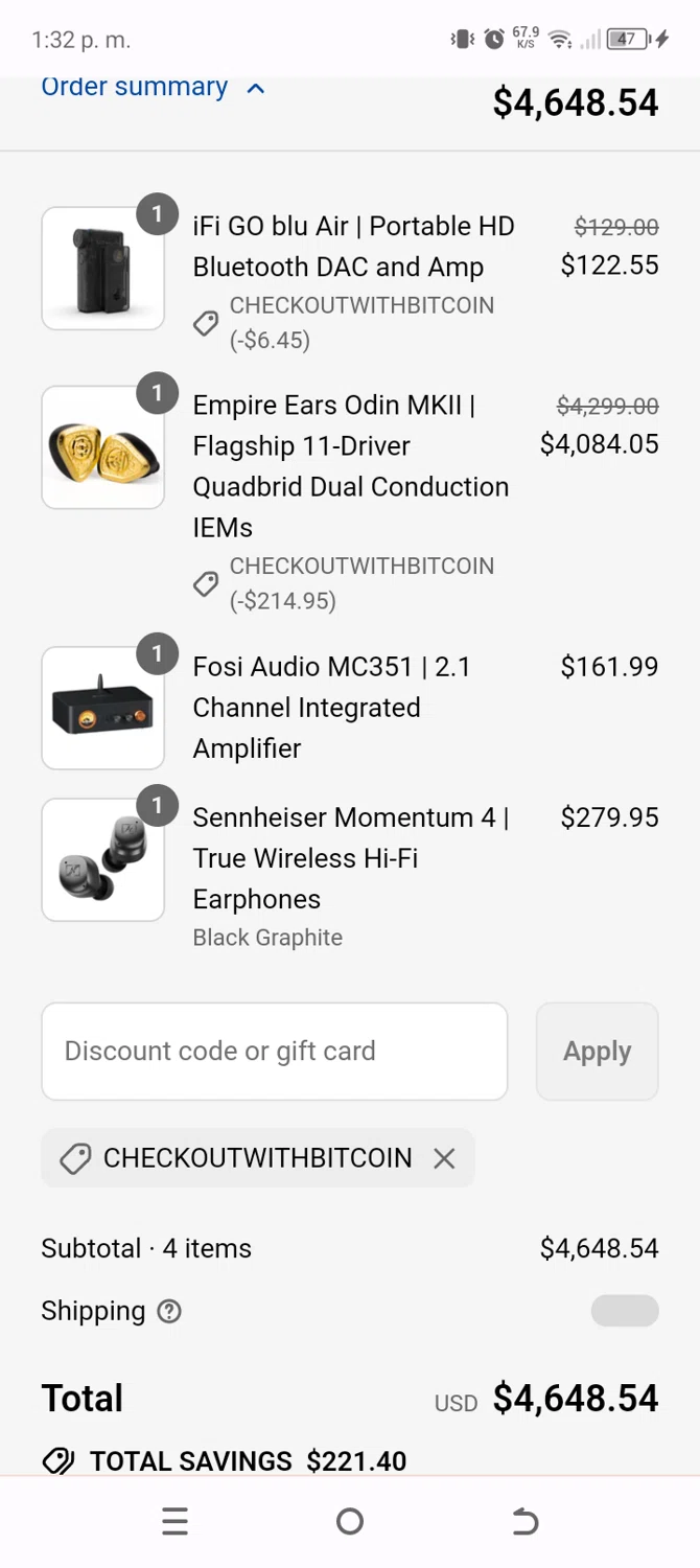Bloom Audio discount code screenshot showing code CHECKOUTWITHBITCOIN applied at Bloom Audio checkout page. Uploaded by SimplyCodes community member BonusChaser4306 on Sep 1, 2025