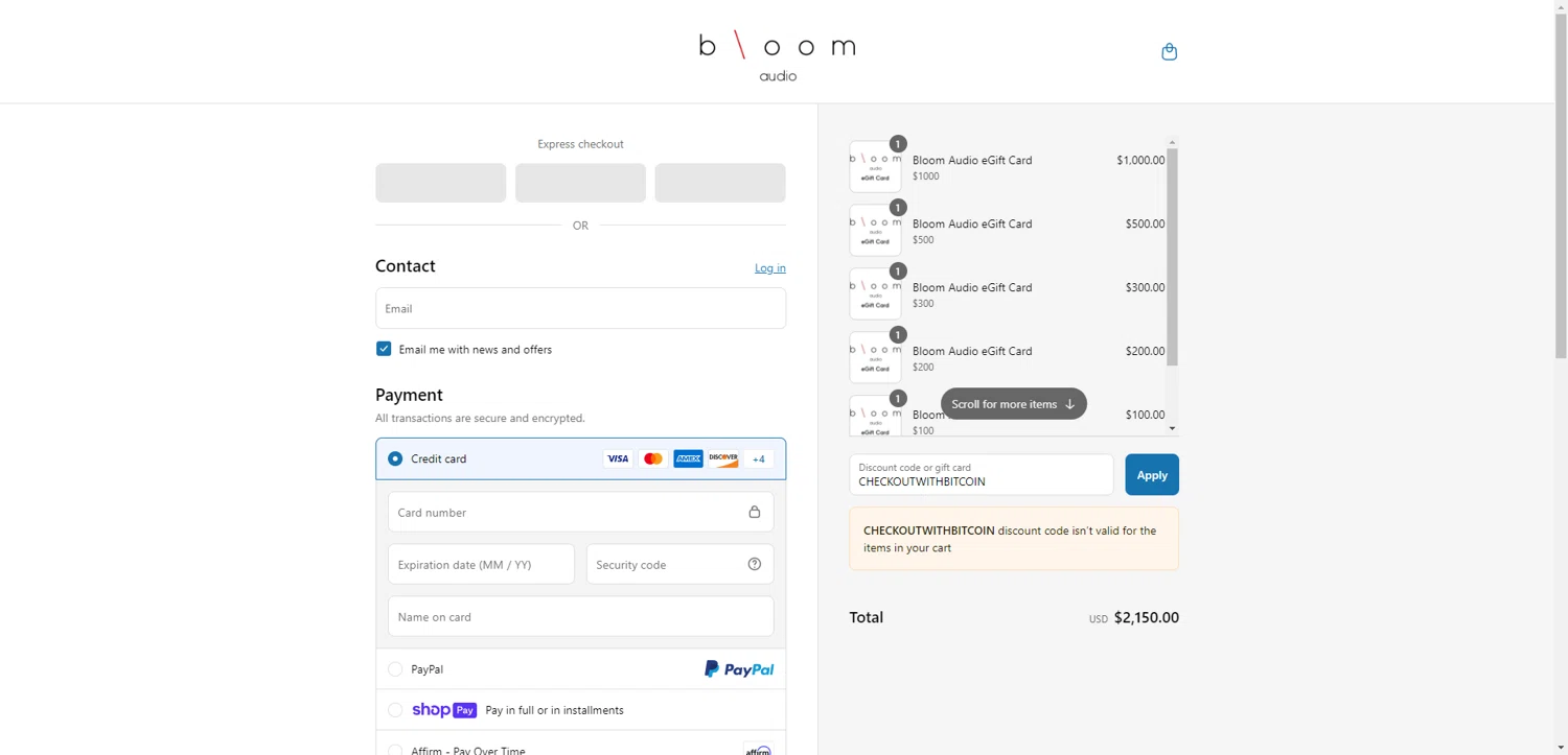 Bloom Audio discount code screenshot showing code CHECKOUTWITHBITCOIN applied at Bloom Audio checkout page. Uploaded by SimplyCodes community member EpicEagle816 on Jul 9, 2025