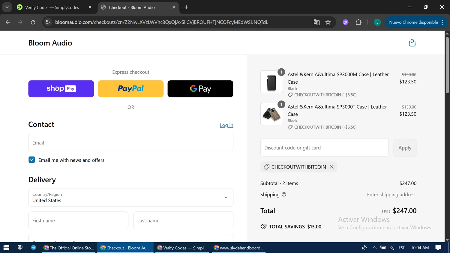 Bloom Audio discount code screenshot showing code CHECKOUTWITHBITCOIN applied at Bloom Audio checkout page. Uploaded by SimplyCodes community member LuckyPioneer1051 on Jun 22, 2025