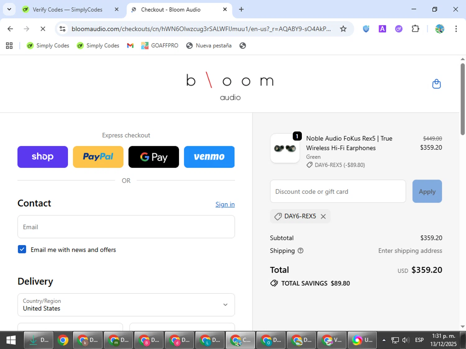 Bloom Audio discount code screenshot showing code DAY6-REX5 applied at Bloom Audio checkout page. Uploaded by SimplyCodes community member ShrewdSpotter4101 on Dec 13, 2025