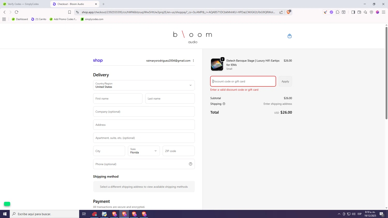 Bloom Audio discount code screenshot showing code DAY8-IM4 applied at Bloom Audio checkout page. Uploaded by SimplyCodes community member Machi005 on Dec 19, 2025