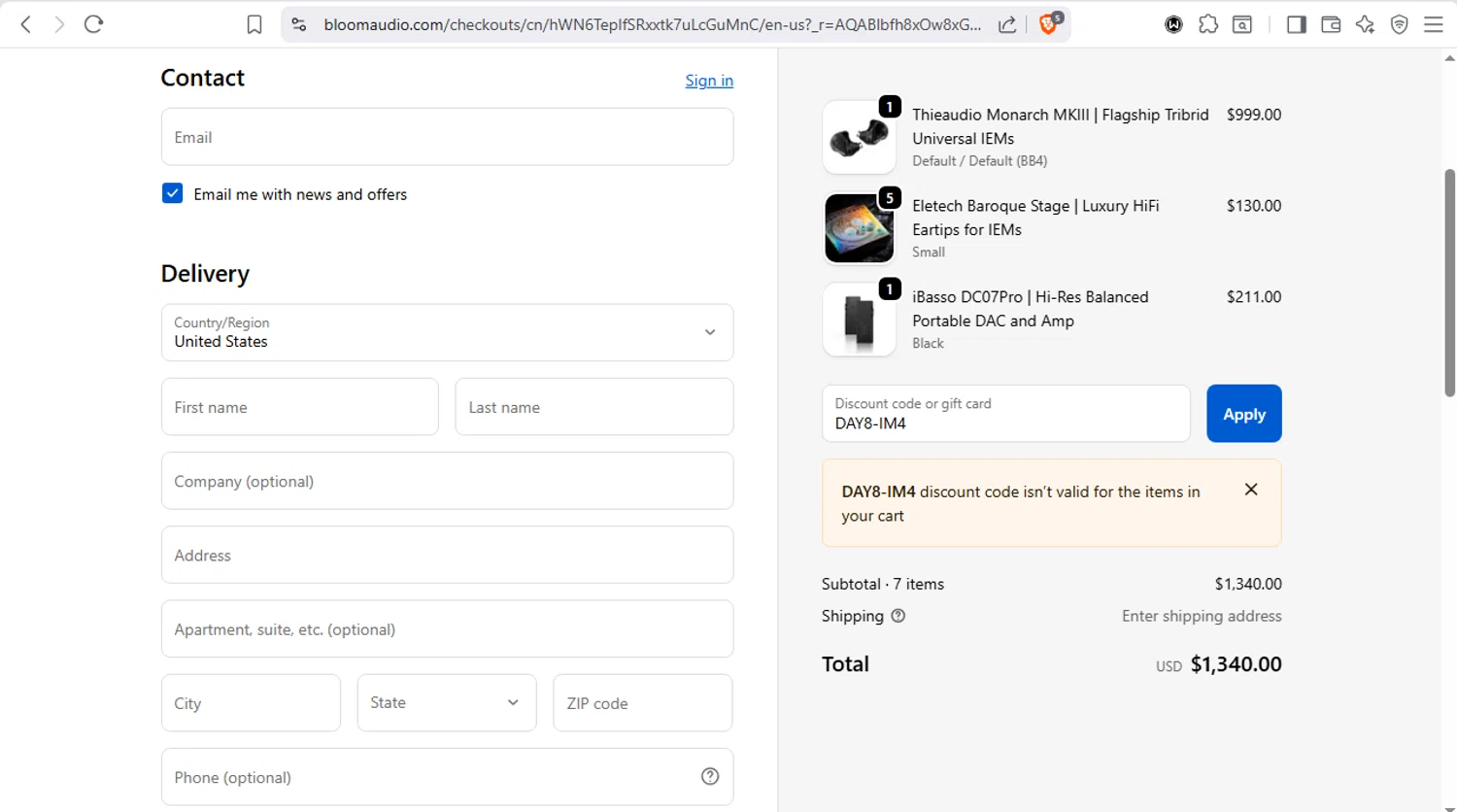 Bloom Audio discount code screenshot showing code DAY8-IM4 applied at Bloom Audio checkout page. Uploaded by SimplyCodes community member dayselis15 on Dec 16, 2025
