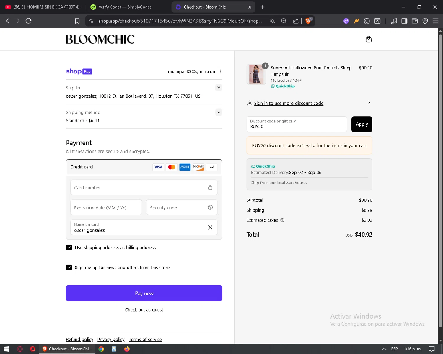 Bloomchic coupon code screenshot showing code BUY20 applied at Bloomchic checkout page. Uploaded by SimplyCodes community member mixelis on Aug 28, 2025