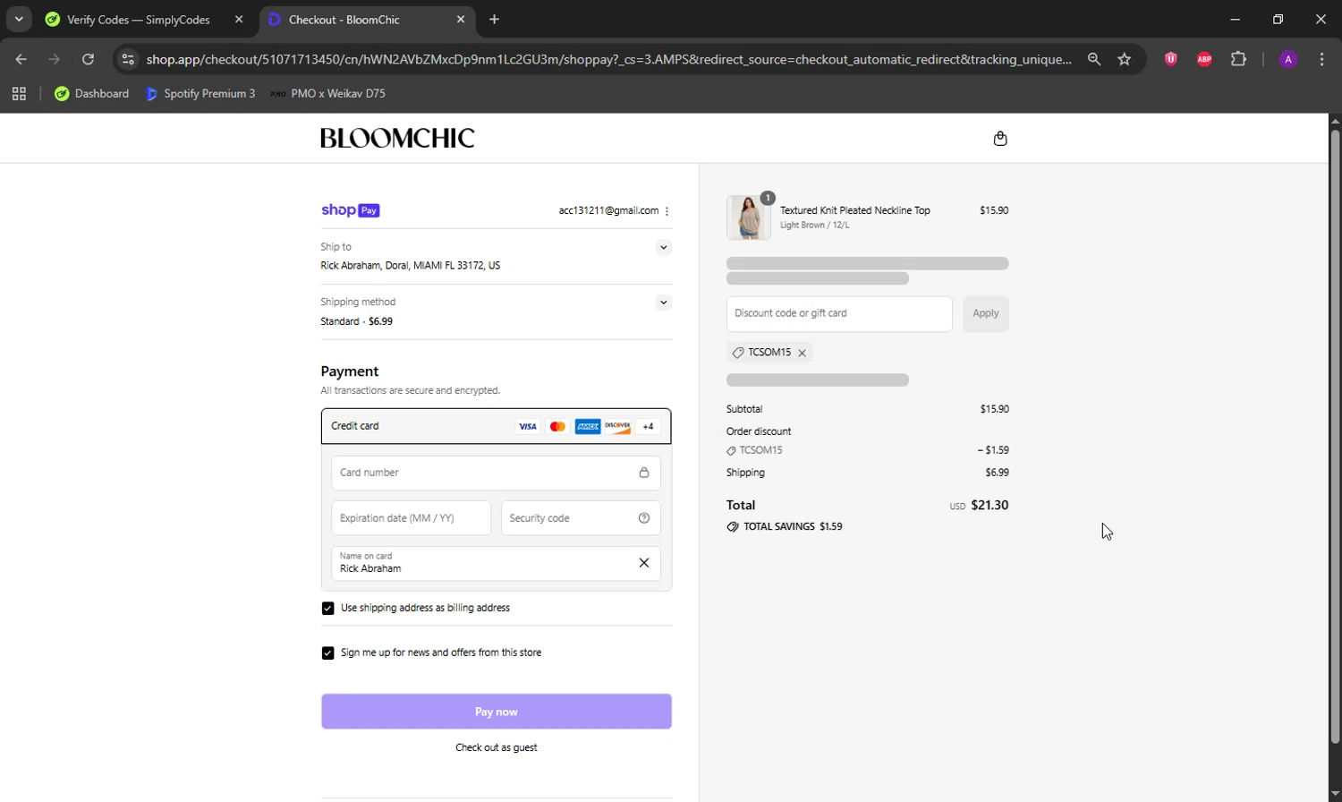 Bloomchic coupon code screenshot showing code TCSOM15 applied at Bloomchic checkout page. Uploaded by SimplyCodes community member DeathBone on Aug 24, 2025