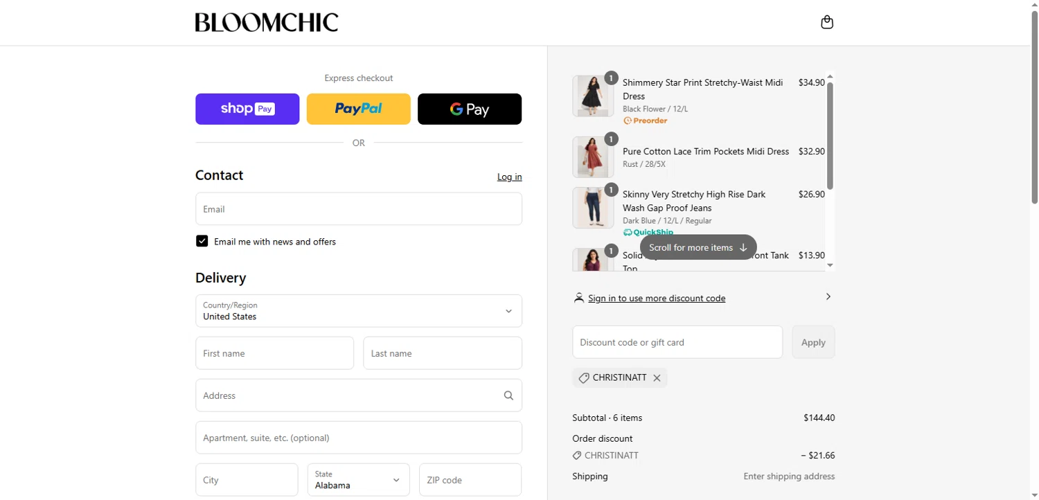 Bloomchic coupon code screenshot showing code CHRISTINATT applied at Bloomchic checkout page. Uploaded by SimplyCodes community member Beatrizsilva31 on Aug 19, 2025