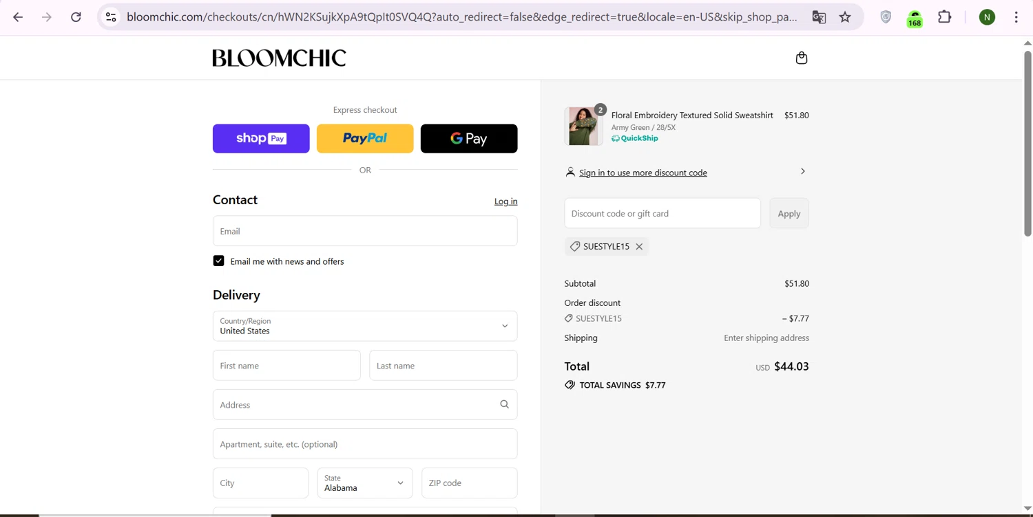 Bloomchic coupon code screenshot showing code SUESTYLE15 applied at Bloomchic checkout page. Uploaded by SimplyCodes community member Diosessmor on Aug 28, 2025