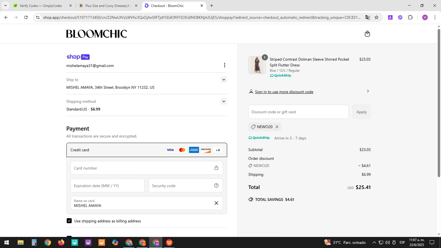 Bloomchic coupon code screenshot showing code NEWO20 applied at Bloomchic checkout page. Uploaded by SimplyCodes community member SavingsAce4782 on Jun 23, 2025