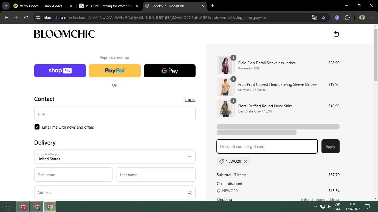 Bloomchic coupon code screenshot showing code NEWO20 applied at Bloomchic checkout page. Uploaded by SimplyCodes community member osquitarivas on Apr 11, 2025