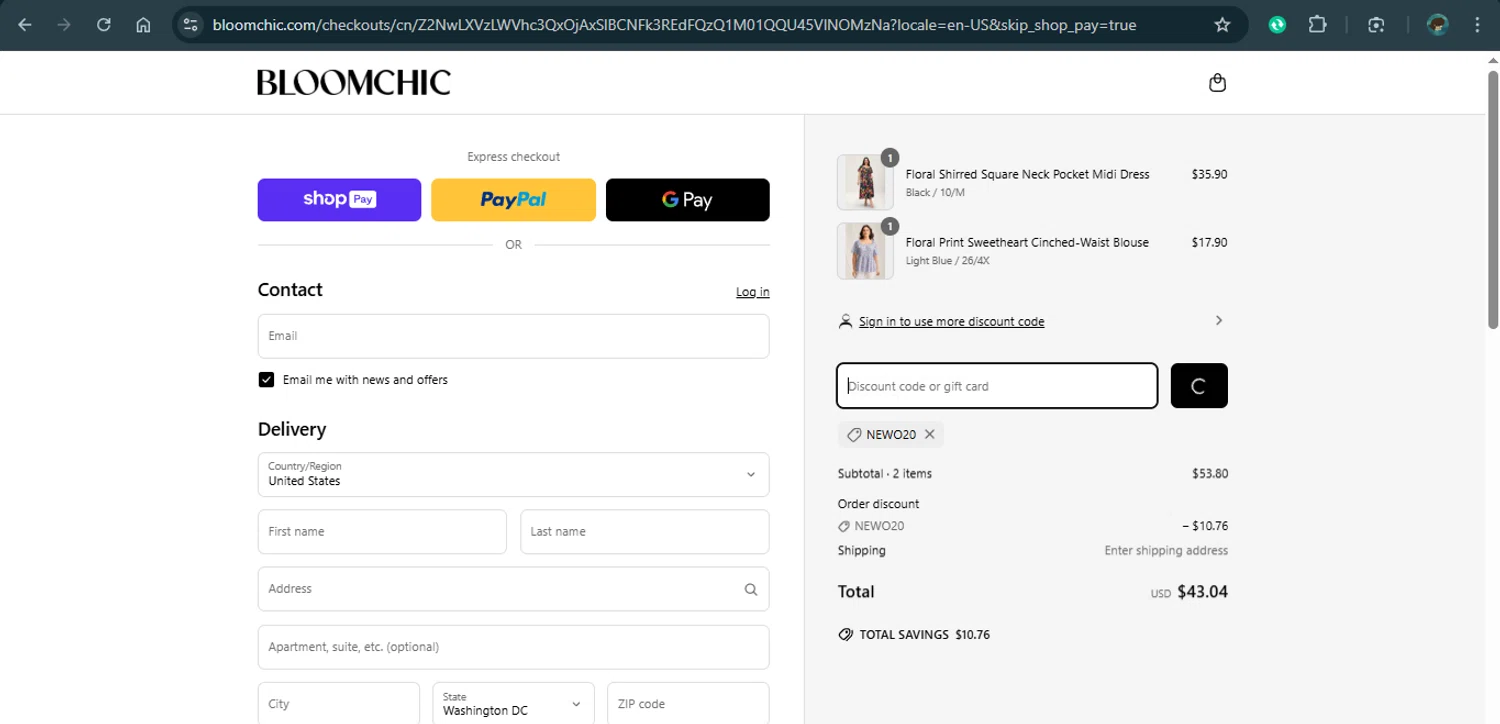 Bloomchic coupon code screenshot showing code NEWO20 applied at Bloomchic checkout page. Uploaded by SimplyCodes community member xAngel on Apr 1, 2025