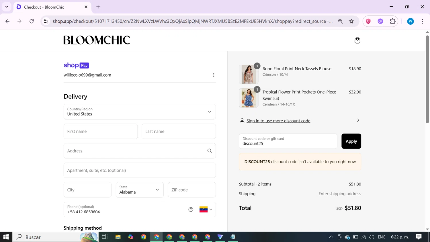 Bloomchic coupon code screenshot showing code discount25 applied at Bloomchic checkout page. Uploaded by SimplyCodes community member CrownShopper7142 on Jul 8, 2025