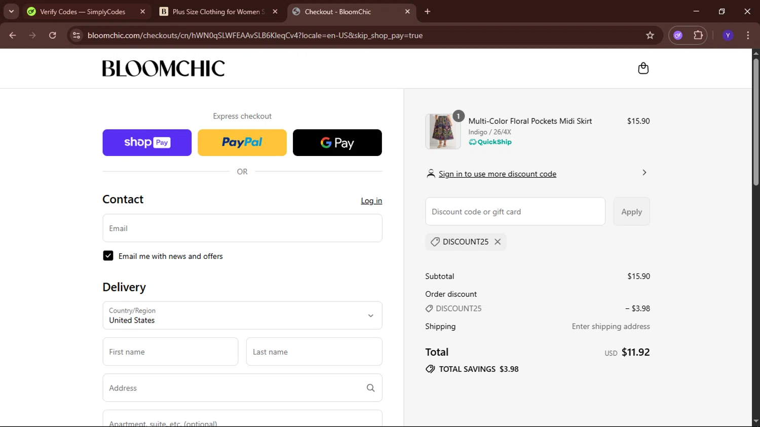Bloomchic coupon code screenshot showing code discount25 applied at Bloomchic checkout page. Uploaded by SimplyCodes community member TokenElite6436 on Jul 20, 2025