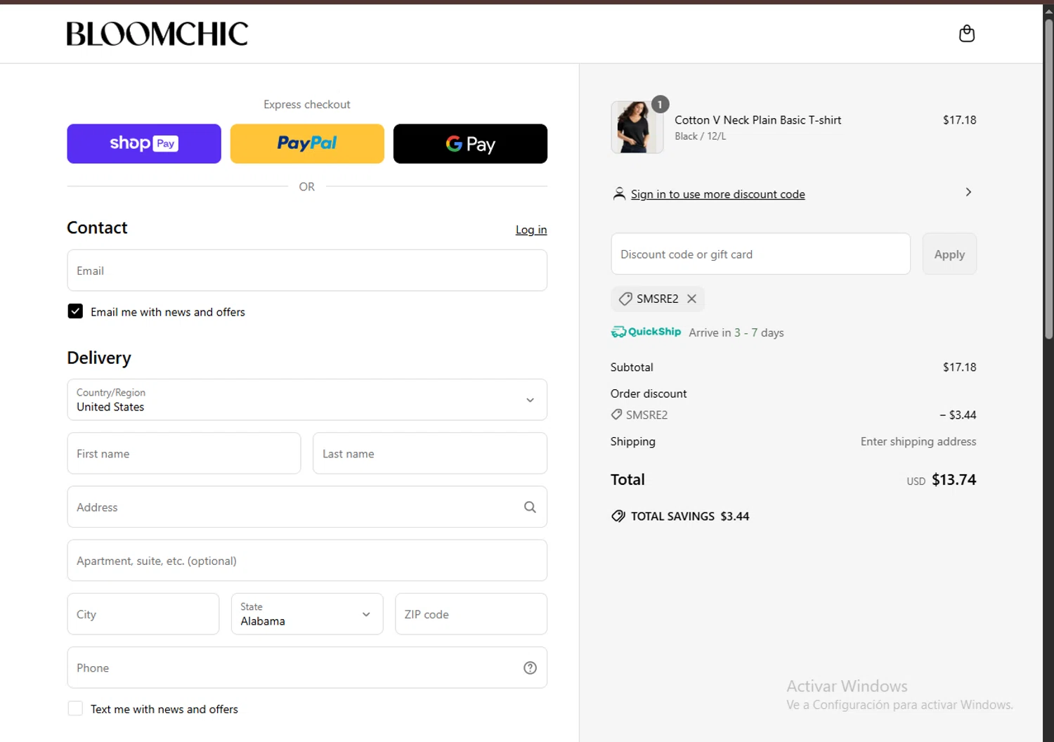 Bloomchic coupon code screenshot showing code SMSRE2 applied at Bloomchic checkout page. Uploaded by SimplyCodes community member MagnificentTitan8616 on Jun 17, 2025