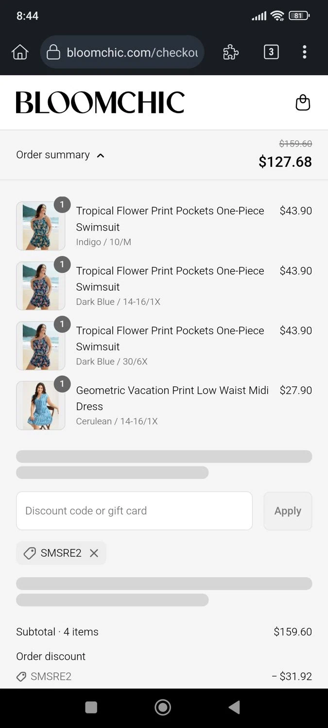 Bloomchic coupon code screenshot showing code SMSRE2 applied at Bloomchic checkout page. Uploaded by SimplyCodes community member nerimarsantaella on Jun 2, 2025